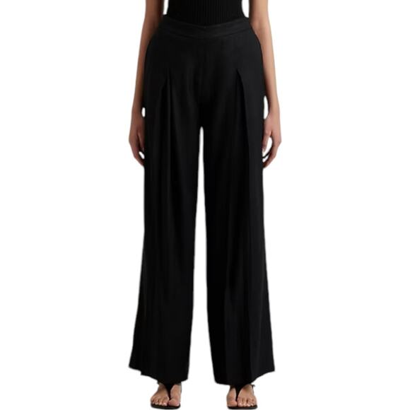 Ralph Lauren Pleated Linen Blend Twill Wide Leg Pant in Black 10 - Picture 1 of 12